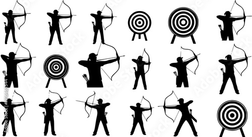 Archery silhouettes, bow and arrow sport, archers aiming at target, competitive shooting, precision training, outdoor activity, black vector illustration set