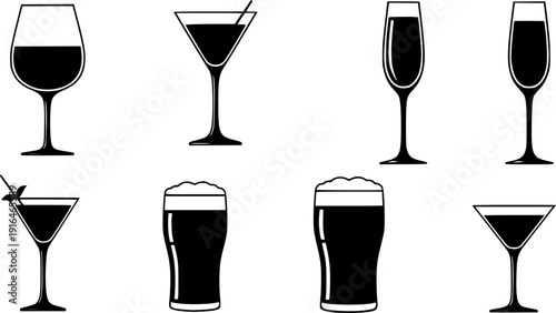Collection of different drinking glass silhouettes vector illustration, wine glass, cocktail glass, champagne glass, beer glass, martini glass, and beverage cup design