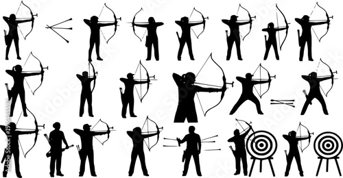 Archery silhouettes, bow and arrow sport, archers aiming at target, competitive shooting, precision training, outdoor activity, black vector illustration set