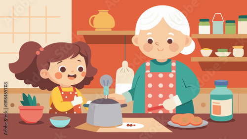 Grandmother and granddaughter baking cookies together in cozy kitchen flat vector illustration