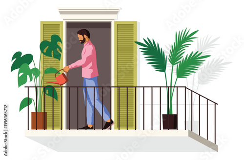 Man watering balcony plants. Happy character with watering can, monstera and palm, home gardening, routine care flowers and greenery, house facade, vector cartoon isolated illustration
