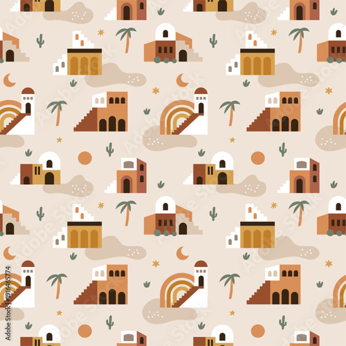 Geometric boho architecture seamless pattern. Moroccan buildings with palm trees, contemporary aesthetic landscape, decor textile, wrapping paper. Print for fabric garish vector background
