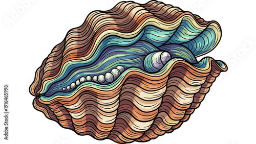 A colorful seashell with pearls