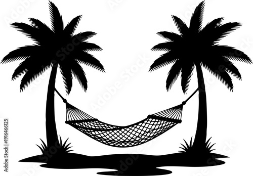Tropical hammock silhouette, palm tree vector illustration, summer vacation relaxation design, outdoor leisure icons, holiday resort furniture, beach paradise elements, black and white