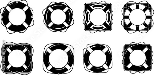 Lifebuoy silhouette collection, circular and square life preserver vector illustration, nautical safety design, black and white art, rescue equipment set, maritime concept