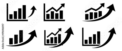 Growth chart solid icon collection. Includes bar charts with upward arrows, some with additional line graphs. Created in black and white flat style. isolated PNG with Transparent Background