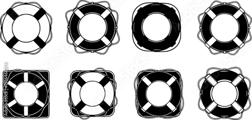 Lifebuoy silhouette collection, circular and square life preserver vector illustration, nautical safety design, black and white art, rescue equipment set, maritime concept