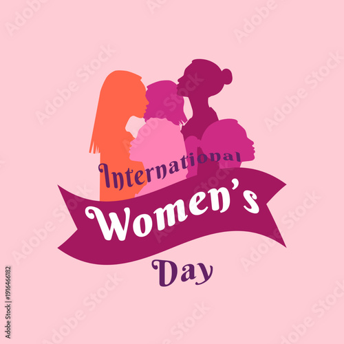 International Women's Day, March 8 Poster with woman face silhouette illustration. Women's Day greeting card wit group women avatar head illustration. Important day