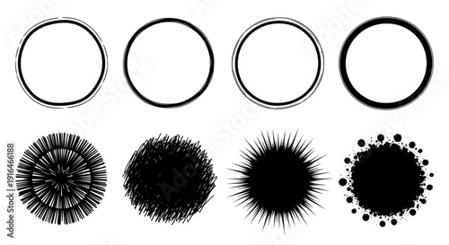 Set of black and white vector icons featuring a round circle design and decorative pattern element collection
