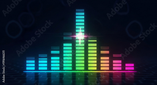 Vibrant sound wave graphic with colorful bars rising to a peak on a dark background with reflection
