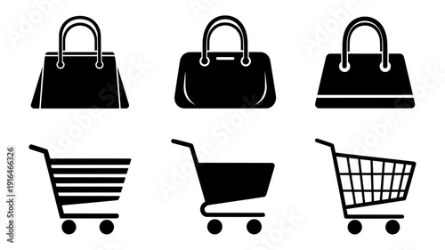 Bags and Shopping Carts Icon Set: A collection of stylish black shopping bag and shopping cart icons, ideal for representing commerce, retail, and shopping themes. 