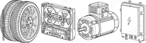 Electric vehicle components illustration, car tire, differential gear system, electric motor, battery pack, technical drawing, automotive engineering design