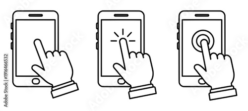 User Engagement: Illustrated depiction of interactions with a sleek smartphone screen, illustrating touch, click, and tap gestures for interactive communication. 
