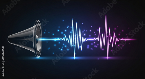 Vibrant sound wave graphic with megaphone emitting blue and purple neon audio signal on dark background with starry effect