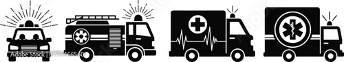 Emergency vehicle silhouette, police car, fire truck, ambulance, medical transport, public safety, rescue unit, emergency response, healthcare support, black illustration