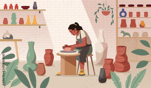 Professional ceramist works in studio. Woman sculpts clay on pottery wheel, crockery process, creativity and hobbies, girl making handmade ceramic, tidy vector cartoon isolated concept