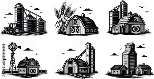 Farm building illustration, barn silhouette, silo design, windmill structure, rural architecture, agricultural landscape, countryside farm, black and white drawing