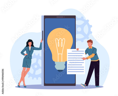 Presentation of creative business solution profitable startup. Office workers talk about new idea for app, communication teamwork planning steps, idea bulb, vector cartoon isolated concept