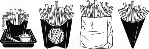 French fries packaging, tray with sauce, fast food container, paper bag fries, cone fries, snack design, food presentation, marketing style