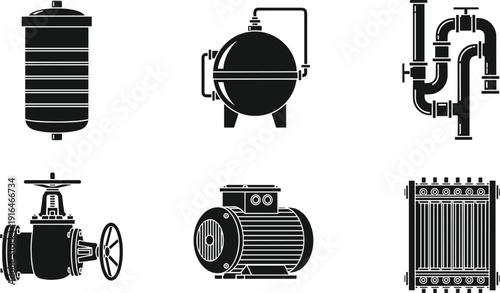 Industrial Component Icons, Plumbing Equipment Silhouettes, Mechanical System Graphics, Heating and Cooling Illustration, Black and White Technical Design, Engineering Symbol Set