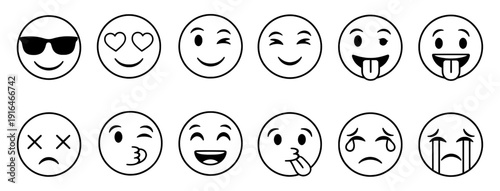 Emoji face icons collection. Includes smiling, winking, kissing, tongue out, and various emotive expressions. Created in simple black line style with minimalist design