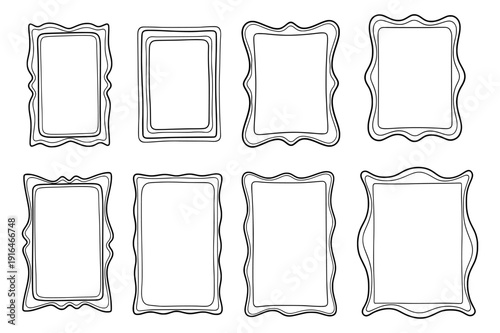 Set of 8 ornate rectangular frames with wavy edges, simple frame. Includes various border designs. Created in line art style with monochrome palette isolated PNG with Transparent Background