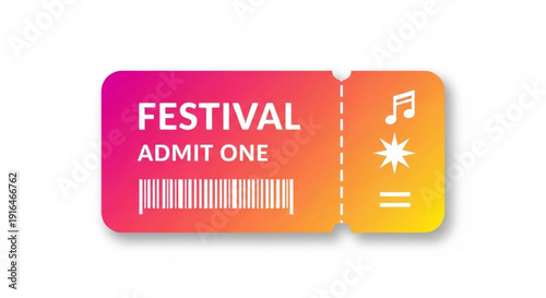 Vibrant festival ticket admit one colorful icon with barcode and music symbols on white background