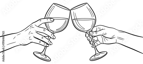 Two hands clinking wine glasses in a toast, vector illustration isolated on white background