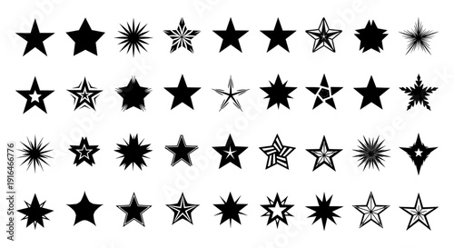 Star icon collection. Includes various star shapes and styles, different point counts and effects. Created in black style with gradient and shadow effects on white background