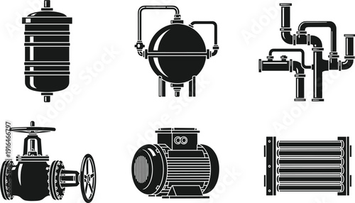 Industrial Mechanical Components, Plumbing System Icons, HVAC Equipment Silhouettes, Fluid Transport Graphics, Valve and Pump Illustration, Heat Exchanger Design, Black Line Art