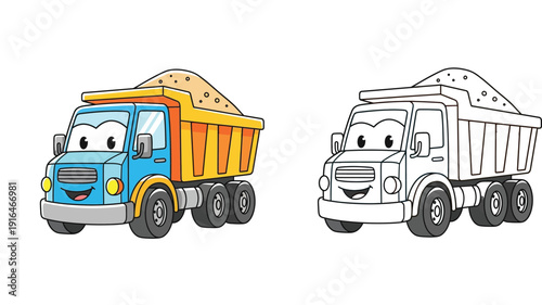 Cute cartoon dump truck coloring book page. Vector illustration of a funny construction vehicle with a face. Colored and outline version isolated on white background for kids education.