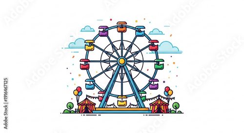 Colorful cartoon illustration of a vibrant ferris wheel with colorful cabins and festive atmosphere perfect for amusement park designs
