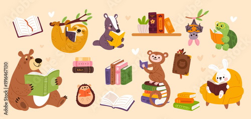 Cute animals with books. Funny fauna characters, readers and students, kids mascots, childish education, badger, cute monkey, friendly learning scenes garish vector cartoon isolated set