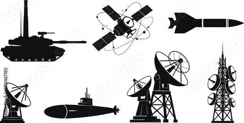 Military and Communication Icons, Tank Silhouette, Satellite Illustration, Missile Graphic, Submarine Symbol, Antenna Tower Design, Defense Technology,