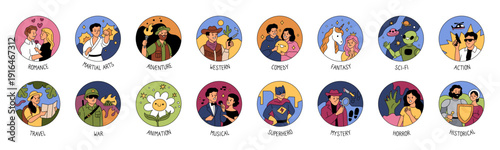 Cartoon film genres. Cinematography movies, colored doodles, visual entertainment, comedy, horror, thriller and western in round icons, cartoon flat style isolated garish vector set