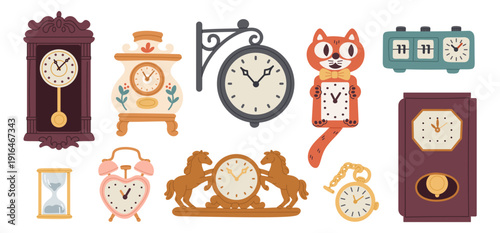 Vintage clocks and watches. Antique interior element, time showing retro devices, classic wooden clocks with pendulum, mechanical hourglass and pocket watch, garish vector isolated set