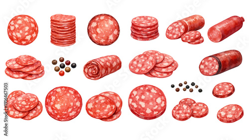 A charming watercolor collection of sliced salami, including round deli slices, stacked sausage cuts, whole cured logs, rolled slices, and scattered peppercorns.