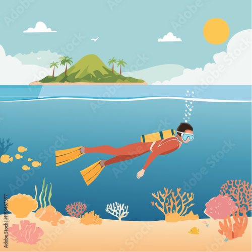 Scuba Diver Exploring Coral Reef Underwater with Tropical Island and Sailboat – Split View Ocean Illustration