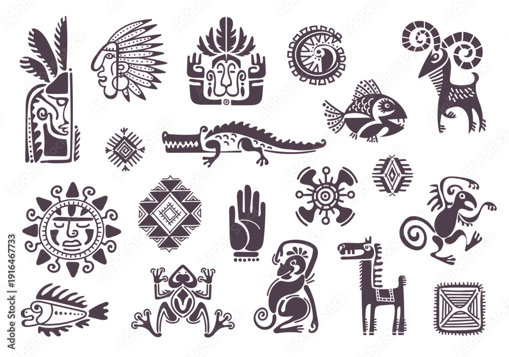 Fototapeta premium Maya civilization elements. Traditional tribal mexican icons, ethnic animals, masks totems, gods silhouettes, decorative elements for cultural aztec ornaments, shaman sign splendid vector set