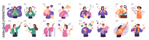 Mbti people types. Persons psychological characteristics, different mindsets, personalities, myers briggs classification, behavioral profiles with symbols garish vector cartoon isolated set