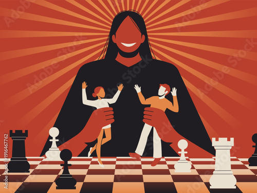 Manipulated people. Pawns in big game, dominating victim and controlling actions of others, brainwash, higher ups manage, authority strategy on chess board, tidy vector isolated concept