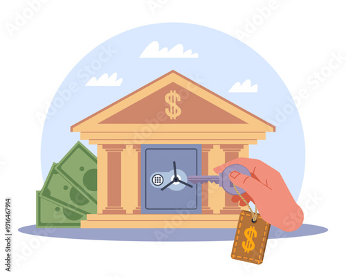 Individual access to bank vault. Safe deposit key, storage of valuables, financial security, savings management, banking building, authorization control vector cartoon isolated concept