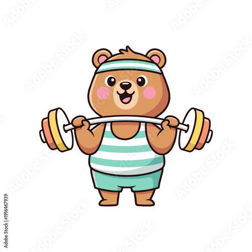 Cute Cartoon Bear Lifting Barbell