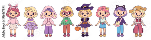 Girl paper doll outfits. Cute kids with different dresses and accessories, fashionable young characters, funny clothes, playful children cartoon flat style isolated garish vector set