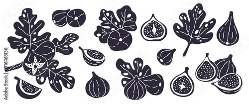 Fig fruit silhouettes. Black icons, branches with leaves and whole, cut fruits, graphic stamps, decorative plant elements for design, botanical tropical decor for logo, garish vector set