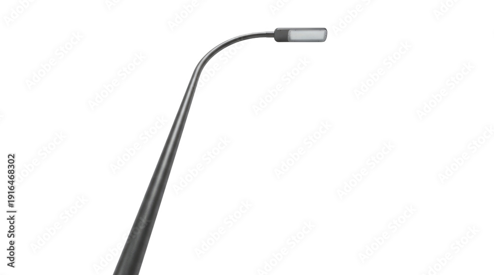 Obraz premium A gray curved street lamp pole with a rectangular light fixture at the top against a plain white space is visible no background