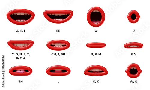 Cartoon 3d mouth. Funny red lips positions, articulation in pronunciation of sounds and letters, talking process sync animation speaking in English, render cartoon style classy vector set