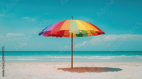 Wallpaper Mural Colorful Beach Umbrella on Sandy Shore Under Clear Blue Sky with Calm Ocean Waves in the Background near Coastal Landscape Torontodigital.ca