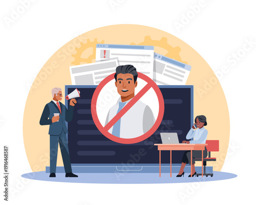 Cancellation culture. Institute of reputation, social censure, disregard and disapproval, HR management, ban office staff, warnings and dismissal process, vector cartoon isolated concept