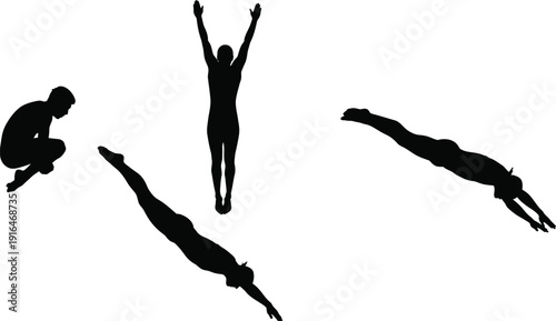 Silhouettes of divers in various poses